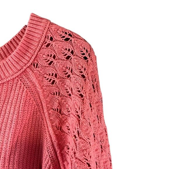 Ann Taylor Loft Sweater Pink Knit Crochet Sleeves Ribbed Button Back Pullover La - Picture 5 of 7